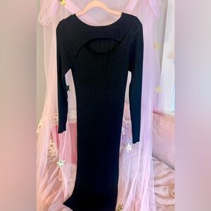 🌙 NWOT Nina Leonard Black Ribbed Knit Midi Dress with Cutout | Size Large